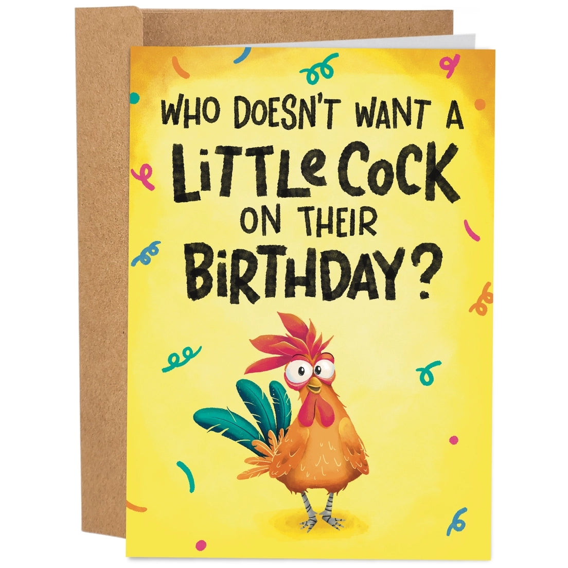 Birthday card featuring an illustration of a rooster and the text 'Who Doesn't Want A Little Cock On Their Birthday?'.