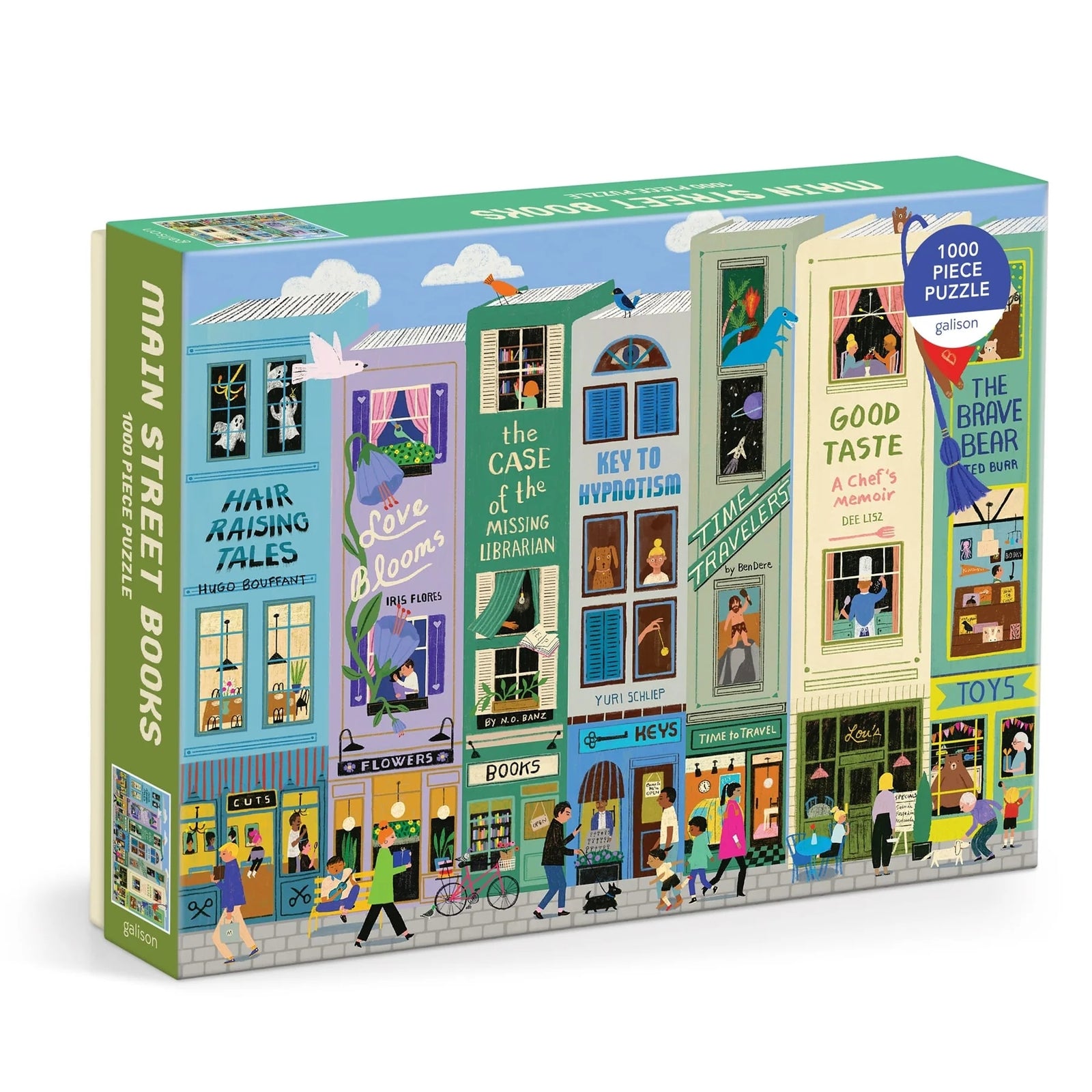 Puzzle box with illustrated street scene, showing buildings with book themes and titles on a white background.