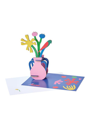 3D model shaped like a pink vase with blue handles containing colourful flowers and a bird on a white background.