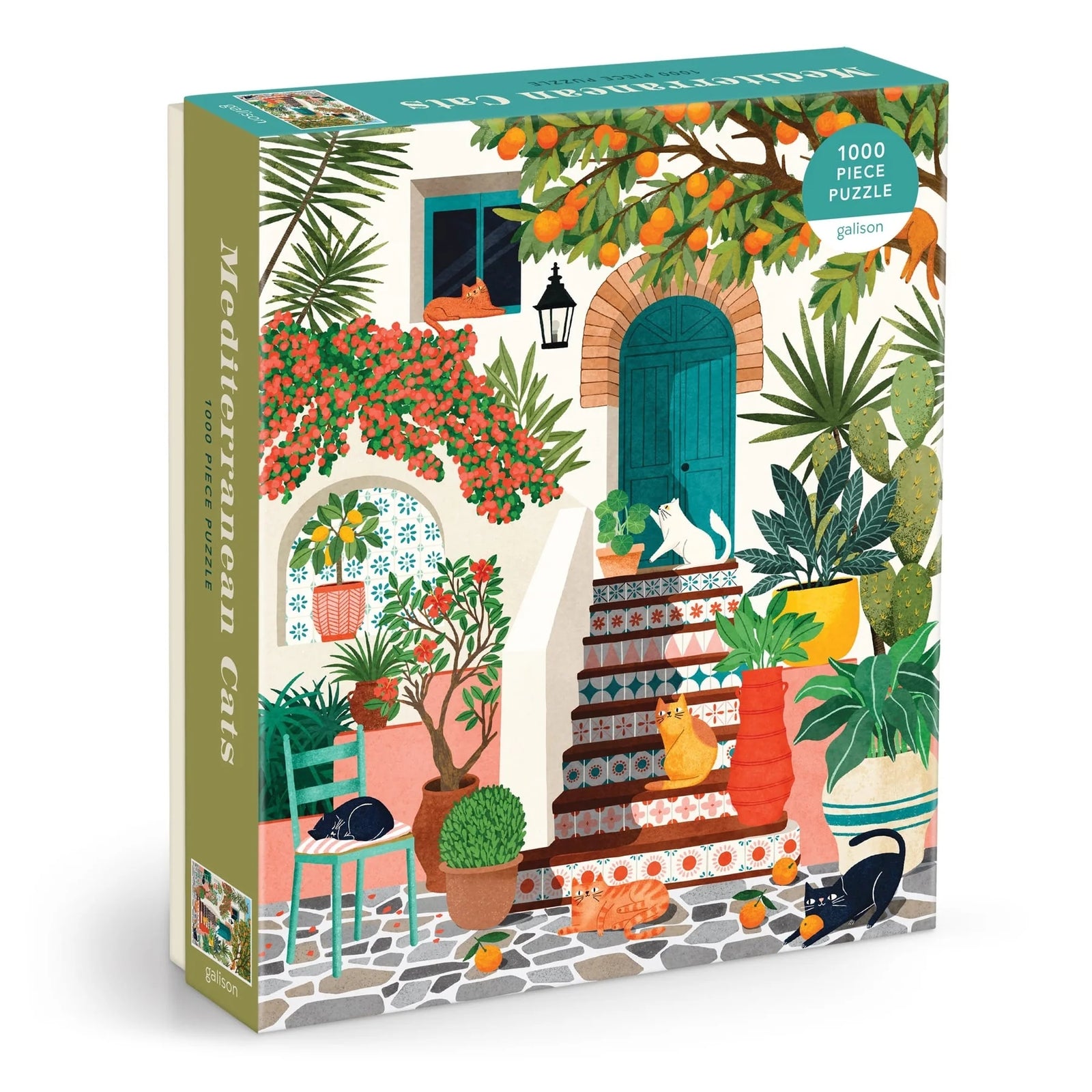Puzzle box featuring an illustration of some cats lounging on a bright Mediterranean porch outside a house. The cats are surrounded by colourful potted plants and trees. The text 'Mediterranean Cats' is printed on the side of the box.