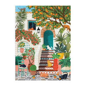 Finished puzzle featuring an illustration of some cats lounging on a bright Mediterranean porch outside a house. The cats are surrounded by colourful potted plants and trees. 