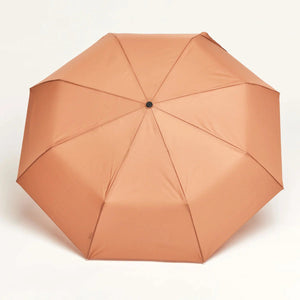 Opened brown umbrella on a white background. 