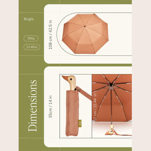 Brown umbrella with dimensions and weight information on a green and white background