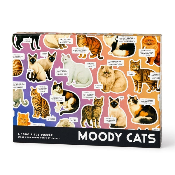 Packaging for a puzzle featuring colourful illustrations of cats with funny text on a pink and purple background. 