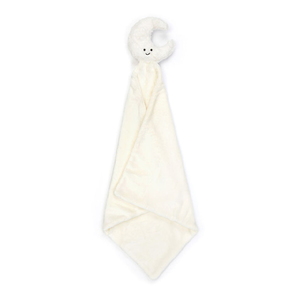 Front view of a Jellycat soft white moon soother with a smiling face on a white background