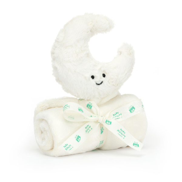 Front view of a Jellycat soft white moon soother with a smiling face on a white background