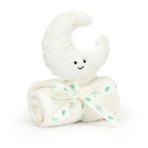 Front view of a Jellycat soft white moon soother with a smiling face on a white background