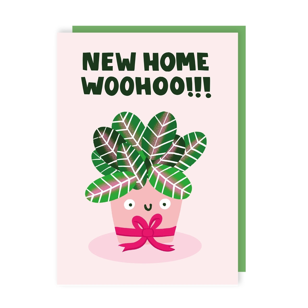 Greeting card featuring an illustration of a smiling potted plant with a bow tied around it. The text 'New Home Woohoo!!!' and the illustration are on a white background. 