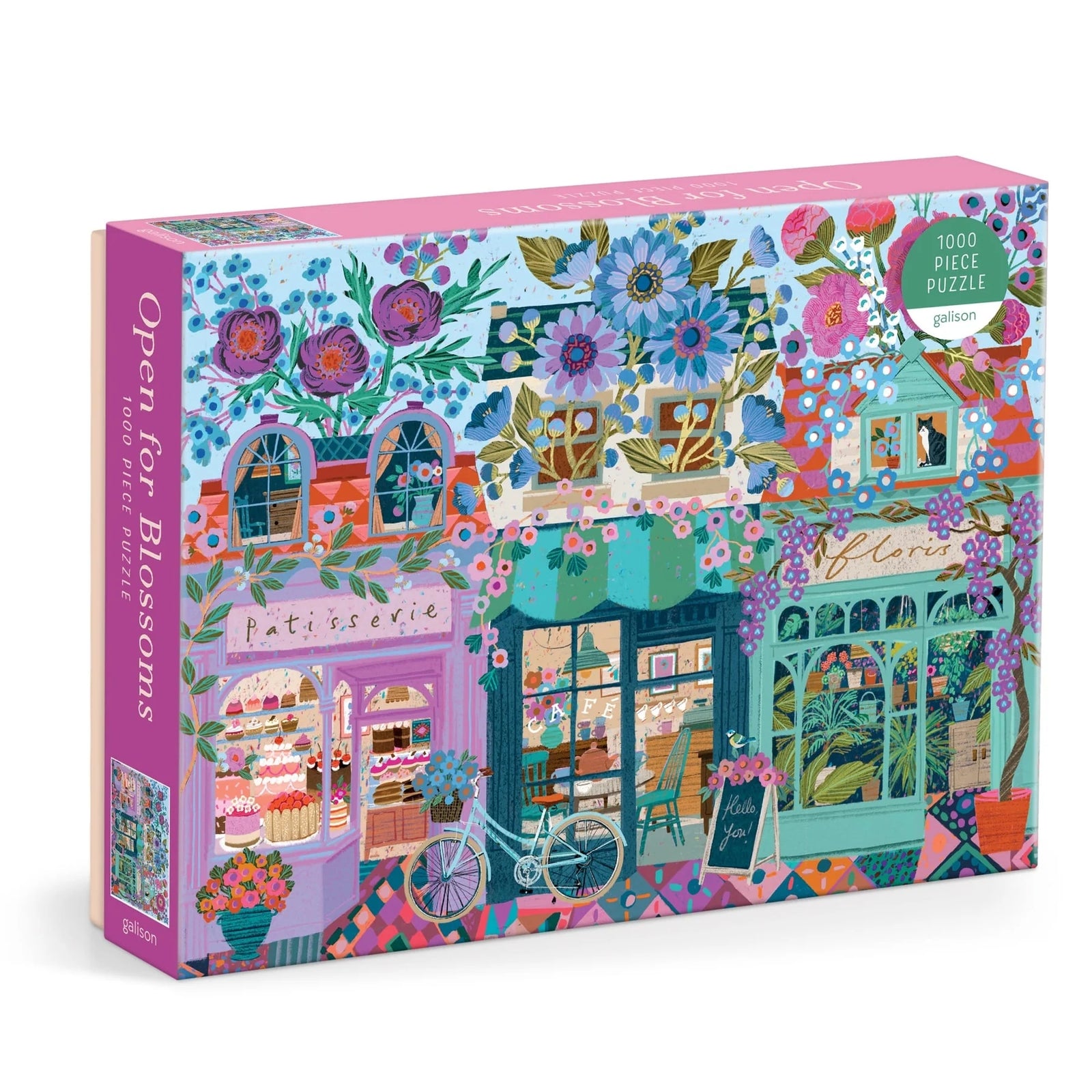 Colorful puzzle box with a floral and store themed design on a white background.