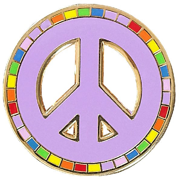 lavender peace sign with gold borders. the outside of the peace sign is made up of tiny colourful squares