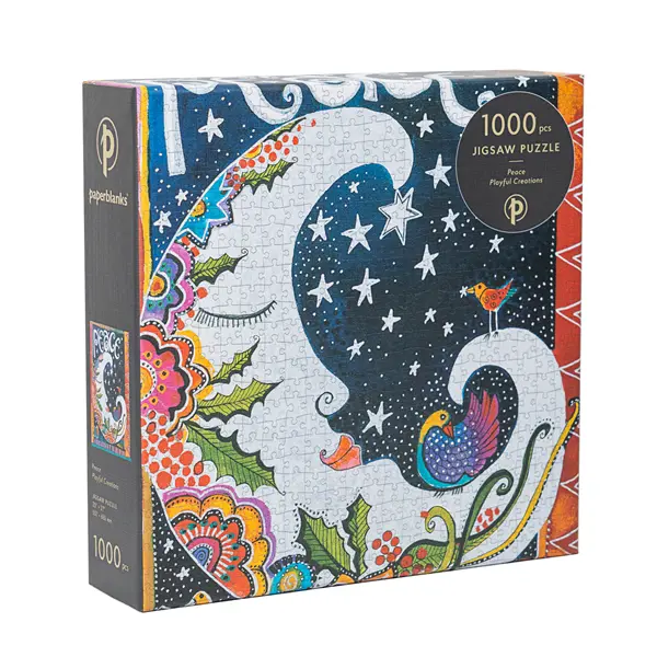 Colorful puzzle box with a colourful image of a moon, birds, stars and an abstract floral design. 