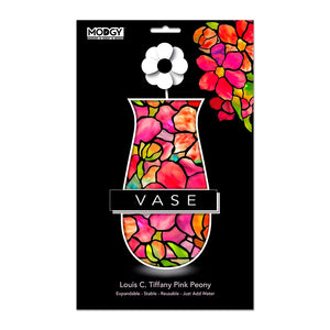 Packaged expandable vase with pink, orange and green floral design on a black background with Modgy branding. 