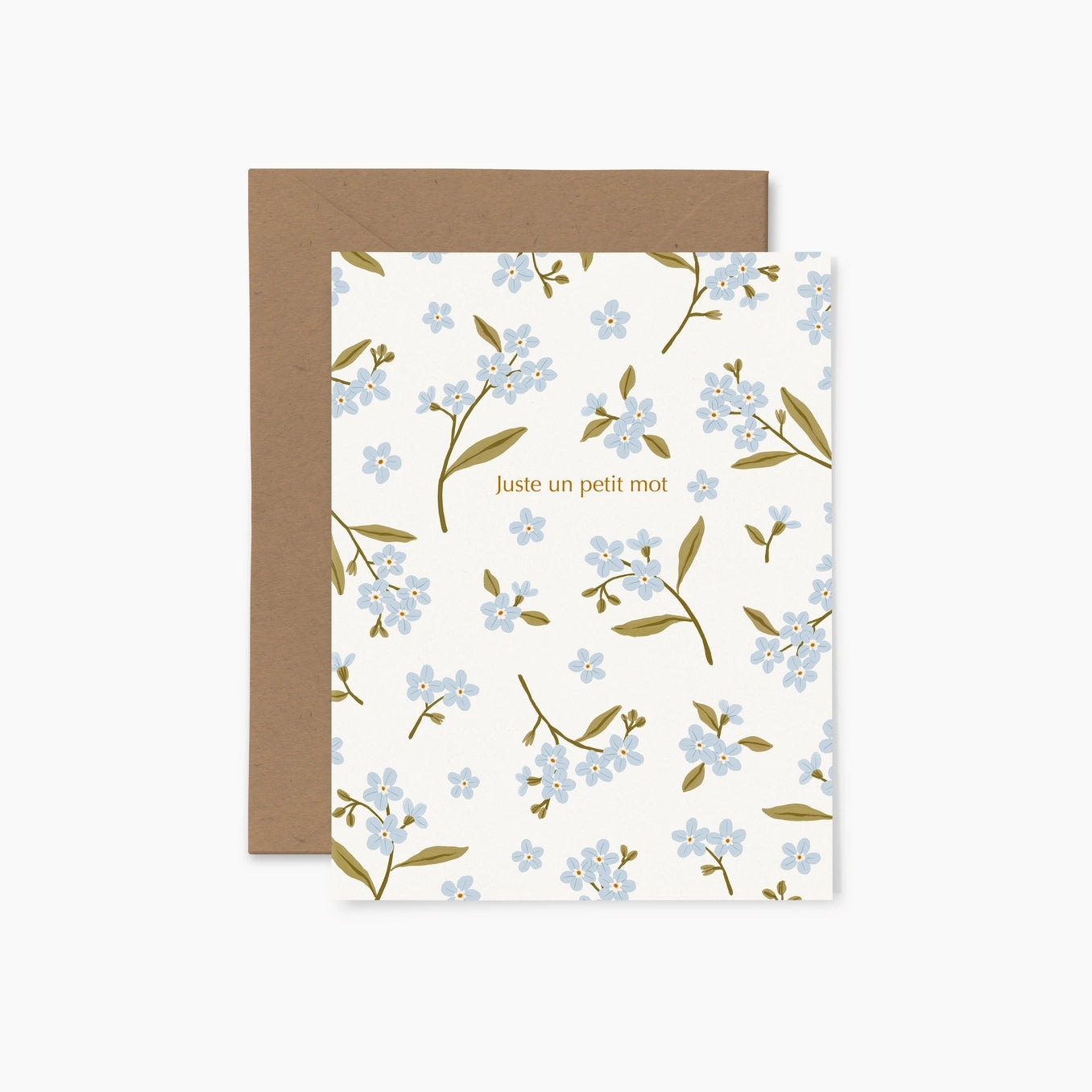 Greeting card featuring a blue floral pattern on a white background with brown envelope.