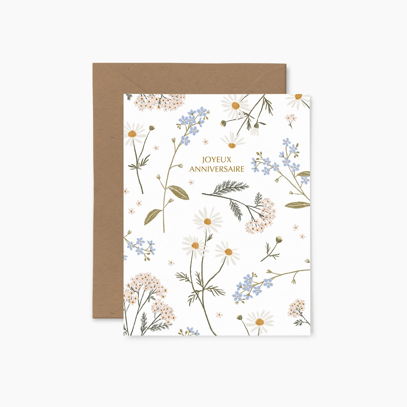 Greeting card featuring a blue, white and yellow floral pattern on a white background with the text 'Joyeux Anniversaire' and a brown envelope.