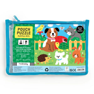 Pouch puzzle packaging with illustrations of animals in a garden scene on a white background.