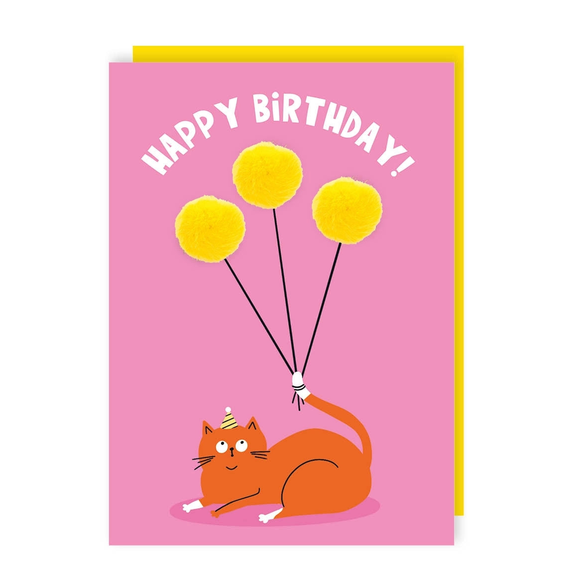 Greeting card featuring an illustration of a ginger cat wearing a party hat and 3 yellow balloons tied to it's tail. The text 'Happy Birthday!' is placed on a pink background. The yellow balloons are made of 3D pom poms attached to the card.