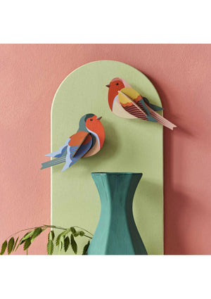 Two colourful 3D robins hanging on a green arch on an orange background.