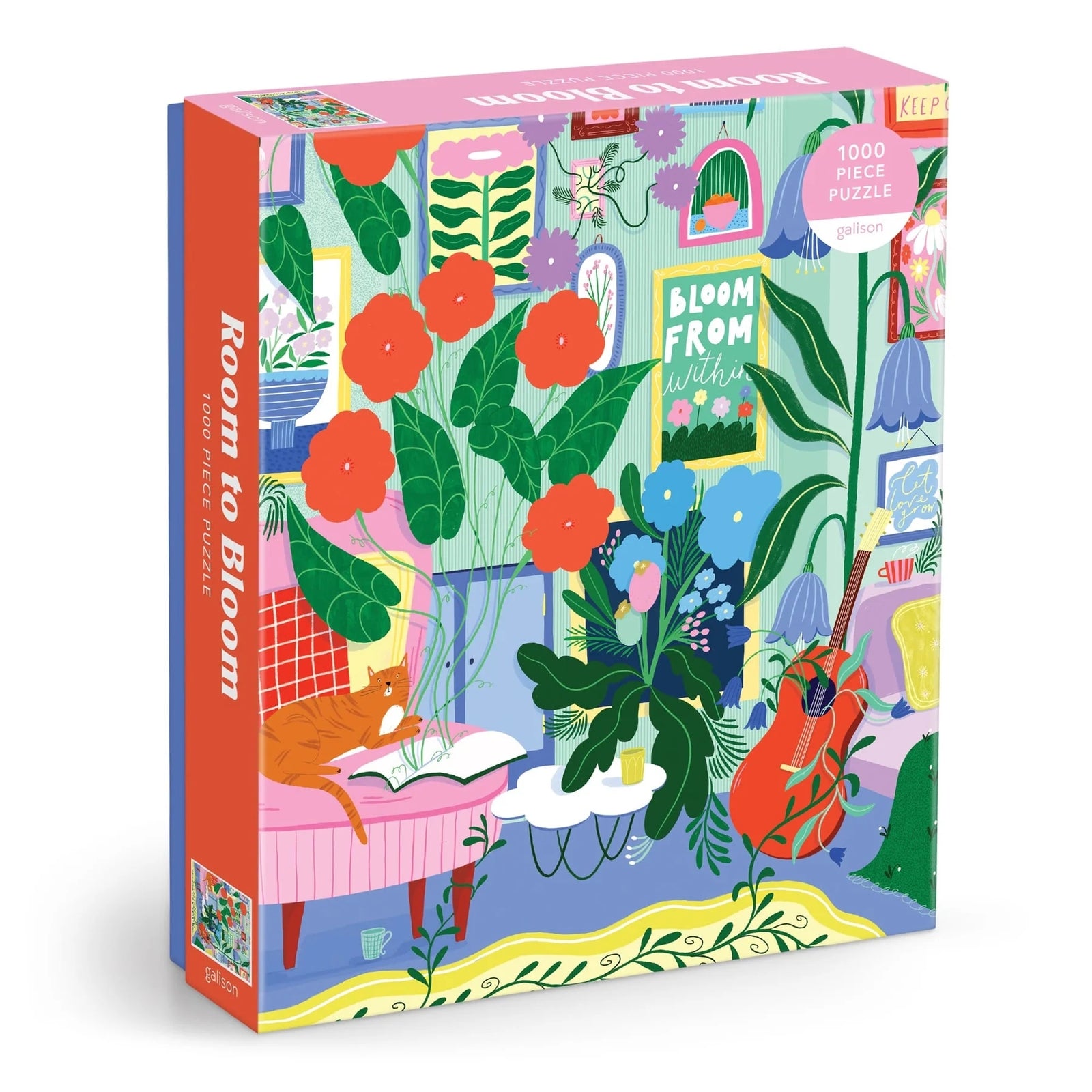 Colorful puzzle box showing a colourful illustration of a flower and plant-filled room with framed prints hanging on the wall in the background. In the foreground a cat  is lounging on a chair, across from a guitar.