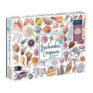 Puzzle box featuring illustrations of different beach treasures such as shells and seaglass with labels. The text 'The Beachcomber's Companion' is printed in the middle of the box cover. 