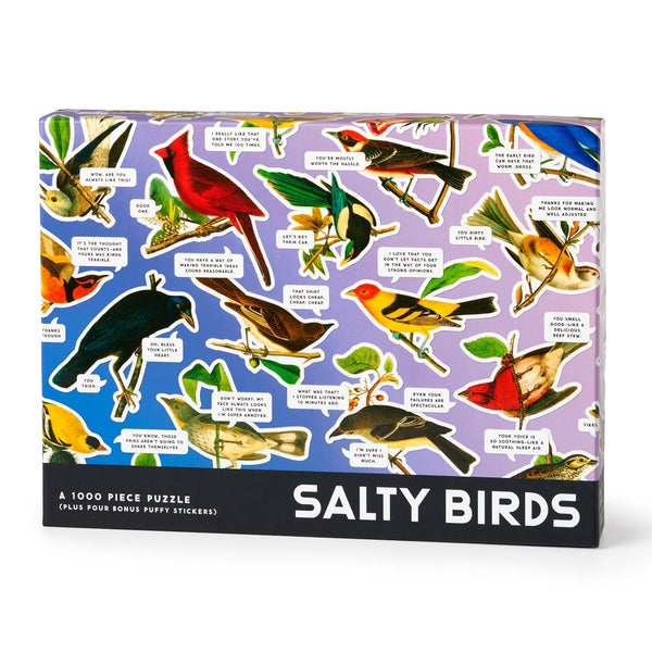 Puzzle box featuring illustrations of colorful birds and text on a purple and blue background.