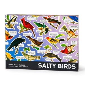 Puzzle box featuring illustrations of colorful birds and text on a purple and blue background.