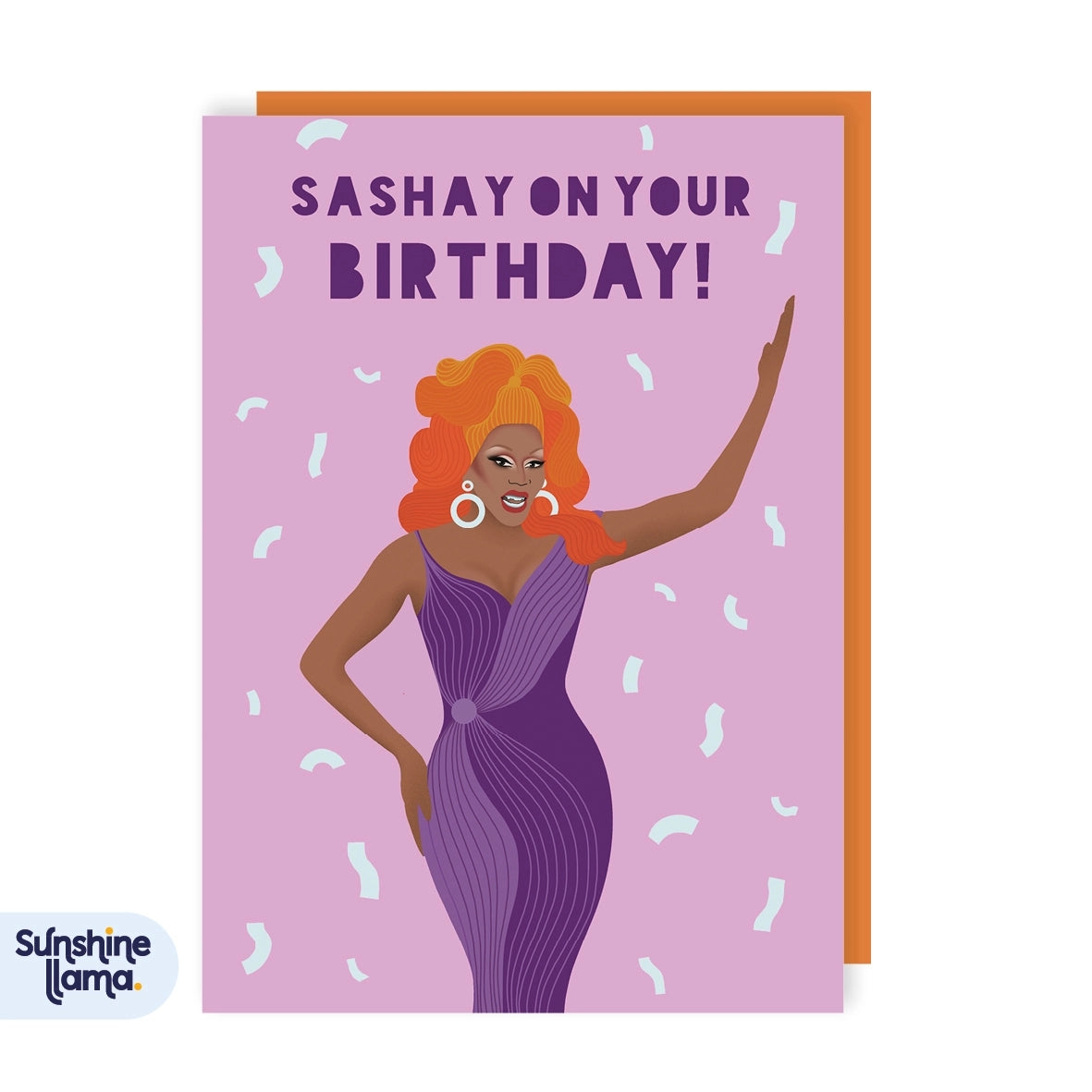 Greeting card featuring an illustration of Ru Paul with the text 'Sashay on your birthday' on a purple background with confetti.