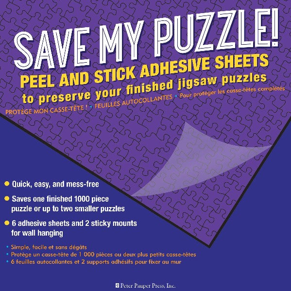 purple puzzle on a blue background. a plastic sheet is being pulled off of the puzzle. main text reads "save my puzzle! peel and stick adhesive sheets to preserve your finished jigsaw puzzle". further text includes descriptions in english and french