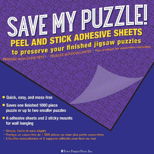 purple puzzle on a blue background. a plastic sheet is being pulled off of the puzzle. main text reads "save my puzzle! peel and stick adhesive sheets to preserve your finished jigsaw puzzle". further text includes descriptions in english and french