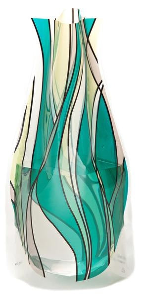 Expandable vase with a green abstract design on a white background.