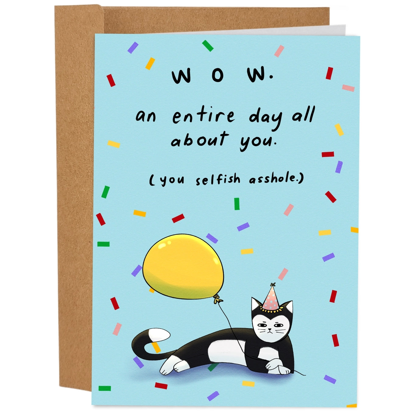 Greeting card featuring an illustration of a lounging black and white cat wearing a party hat and holding a yellow balloon. The text 'Wow. An entire day all about you. (you selfish asshole.) is printed on a blue background with coloured confetti. 