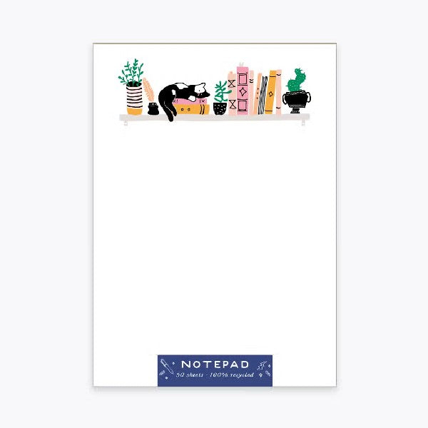 blank notepad with an illustrated shelf at the top. books, plants, and a cat are on the shelf