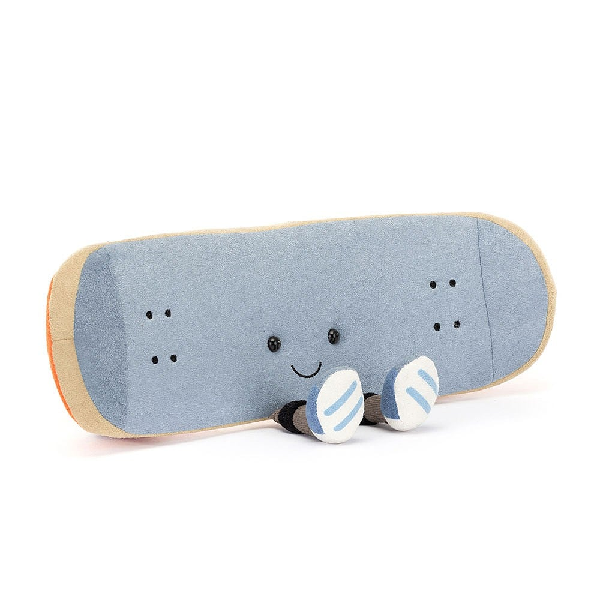 adorably soft plushie of a smiling blue skateboard with legs by popular brand Jellycat.