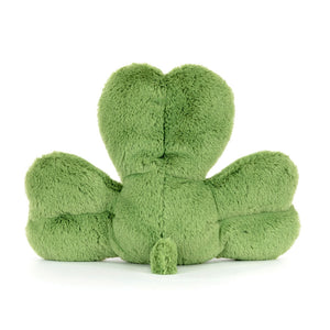Back view of a Jellycat green clover shaped plush on a white background