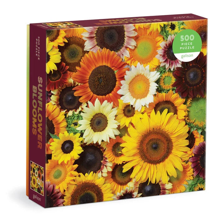 Puzzle box featuring images of different coloured sunflowers along with the text 'Sunflower Blooms' on the side of the box. 