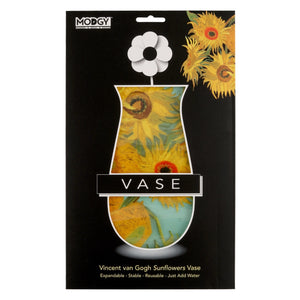 Packaging of an expandable vase with a sunflower design, featuring the brand 'MODGY'.