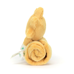Side view of a Jellycat soft yellow sun soother on a white background