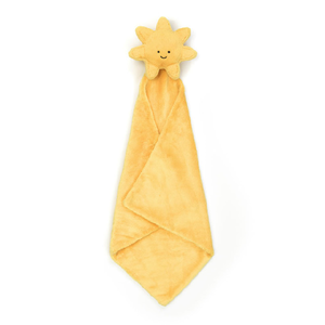 Front view of a Jellycat soft yellow sun soother with a smiling face on a white background