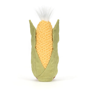Back view of a Jellycat yellow and green corn on the cob shaped plush with a white tuft of hair on a white background