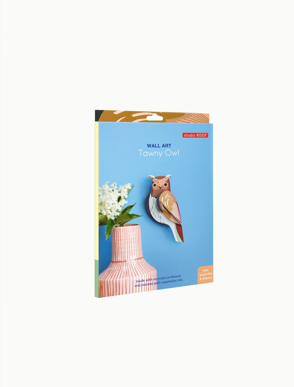 Packaging box for a tawny owl wall art kit from Studio Roof. The box features an image of a 3D owl hanging on a blue background beside a vase containing flowers.