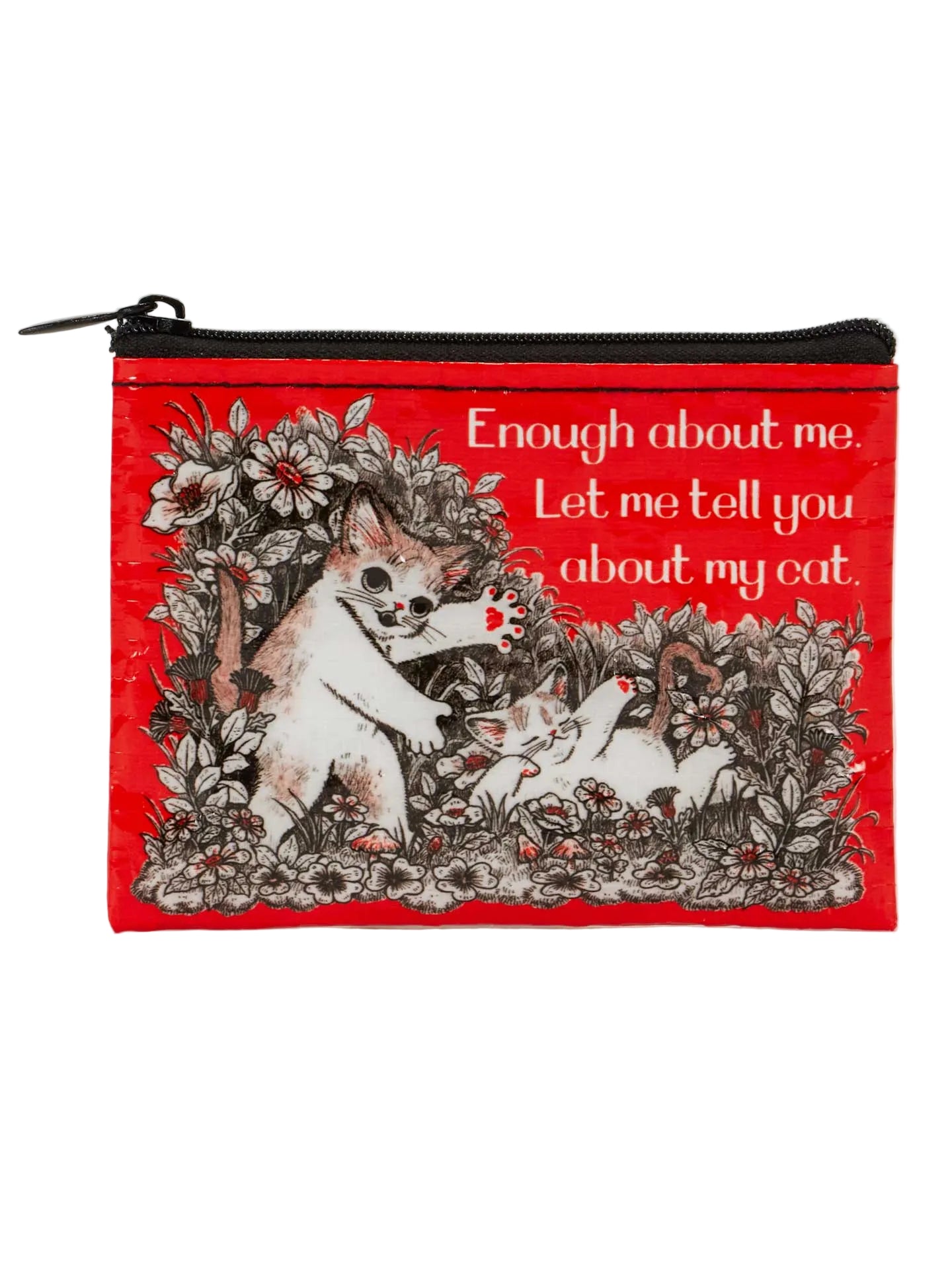 Red pouch with cat illustration and text  
