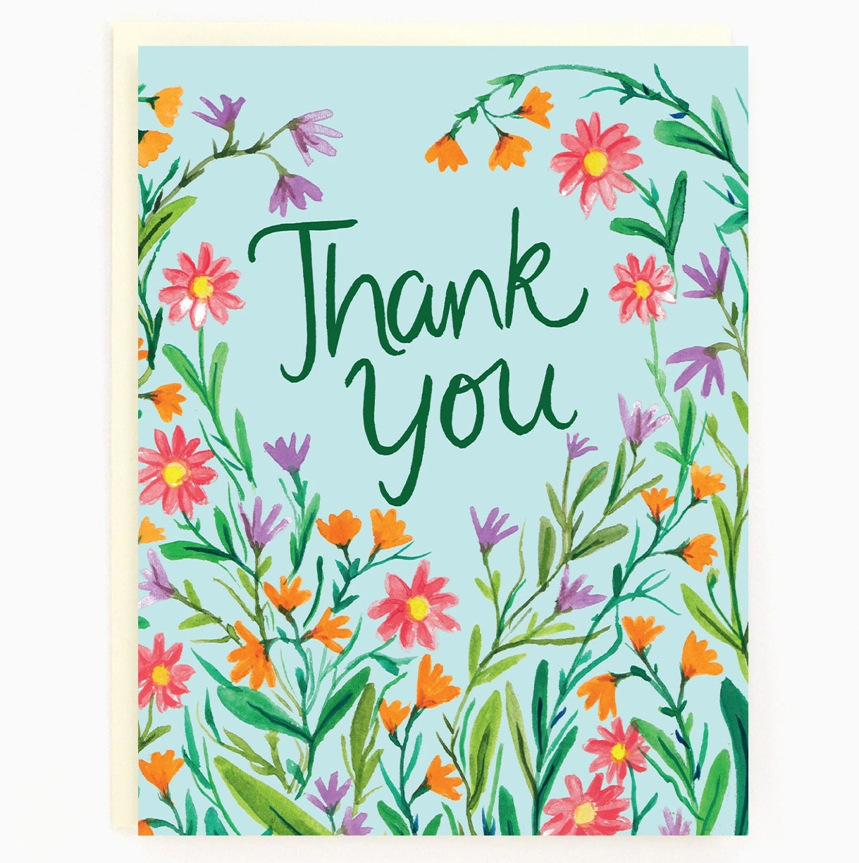 Colourful floral themed card with 'Thank You' text on a light blue background.