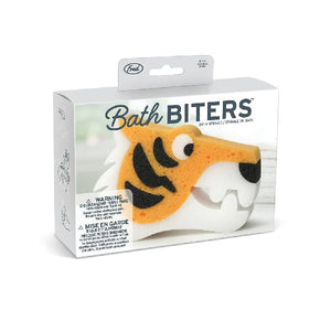 A tiger-shaped kids' bath sponge in its packaging, labeled 'BATH BITER' with a white and orange color scheme.