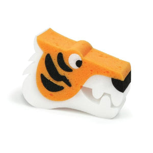 A tiger-shaped kids' bath sponge on a white background. 