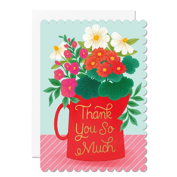 Greeting card with a scalloped edge featuring a colourful illustration of a red jug carrying a floral arrangement  on a blue background with the text 'Thank You So Much'. 