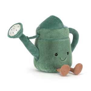 Front view of a Jellycat watering can shaped plush with a smiling face on a white background