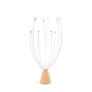 standing head massager with a light wood handle and green nubs at the end of metal strings. kikkerland product on white background
