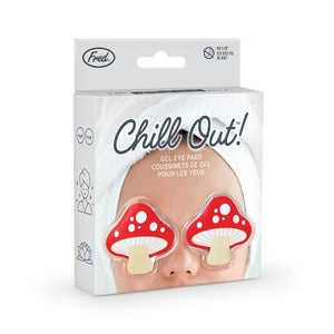 Gel eye pads in the shape of cartoon-like red mushrooms in their packaging.