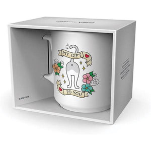 A white porcelain mug with a colorful an illustrated image of a cat butt, flowers, and the phrase 'MY GIFT TO YOU' in a white box.