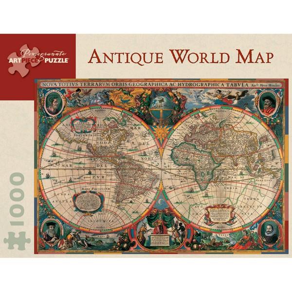 off-white puzzle box with red accents. the centre of the box has an image of a decorated antique world map