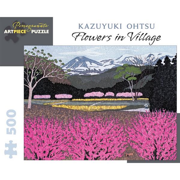 white puzzle box with grey accents. the centre of the box has an image of a painted pink, green, yellow, and grey landscape 